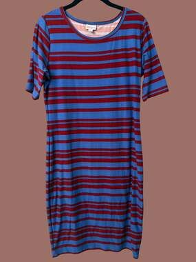 LuLaRoe Julia T-Shirt Midi Bodycon Dress Blue Red Striped Medium